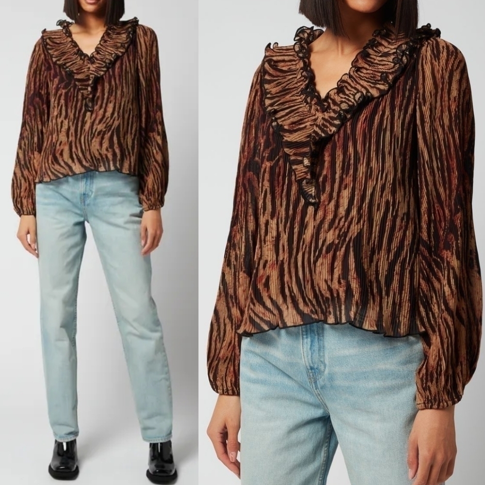 Nwt Ganni | Pleated Georgette Blouse In Tiger's Eye